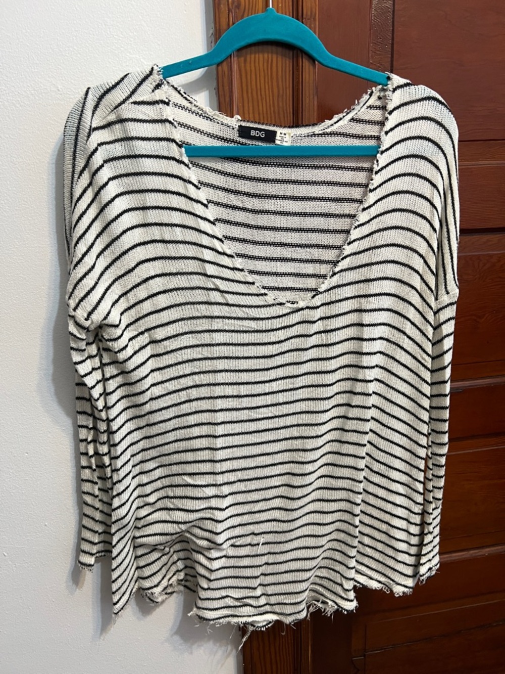 BDG Black & White Striped V-Neck Lightweight Sweater
